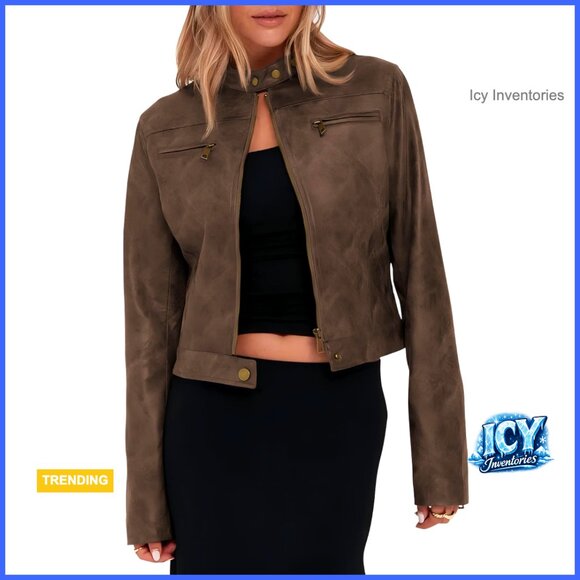 Faux Leather Cropped Jacket Vintage Motorcycle Coat Zip Up